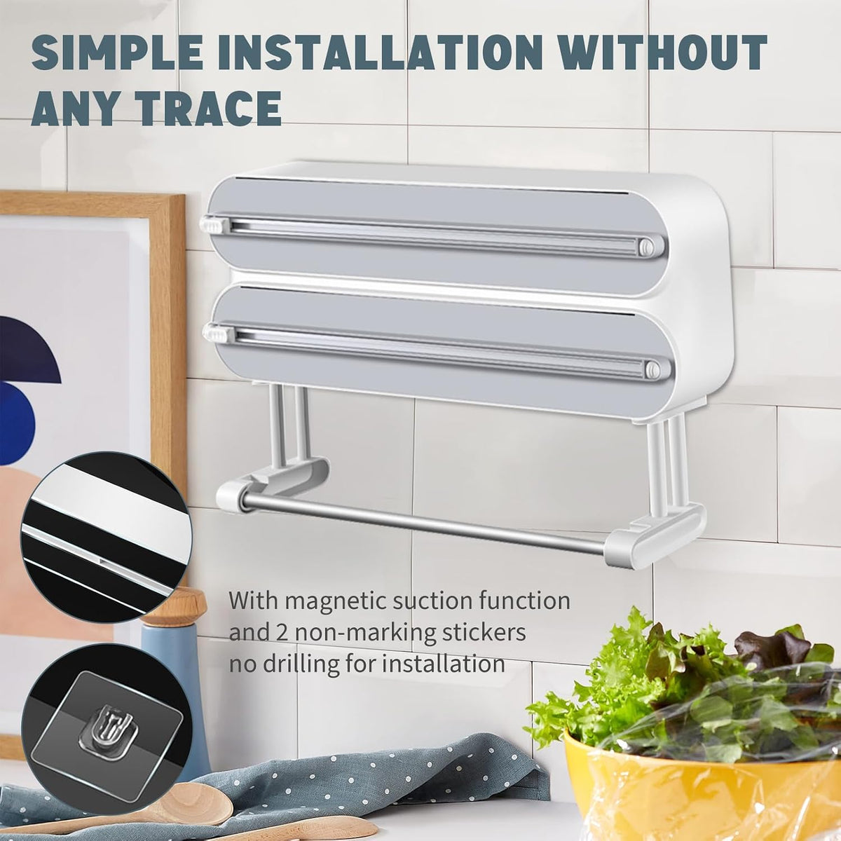 3 in 1 Plastic Wrap Dispenser with Cutter Magnetic Aluminum Foil
