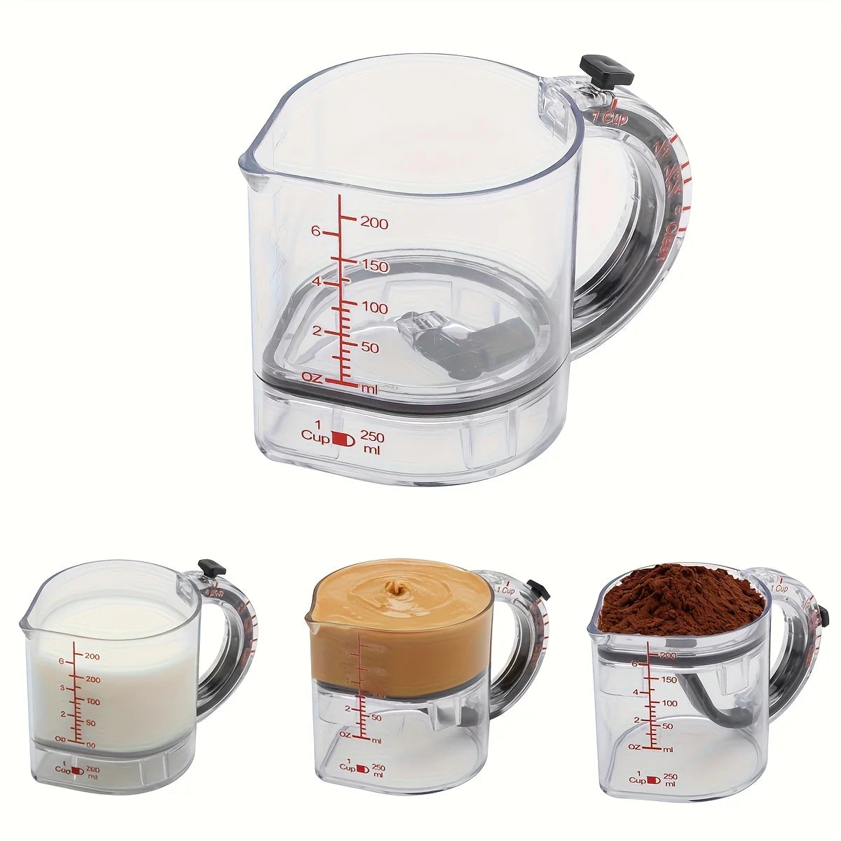 4-IN-1 Measuring Cup Adjustable Multifunctional Measuring Cup with Scraper-Style Seal Base Kitchen Cube Cups Tools for Cooking