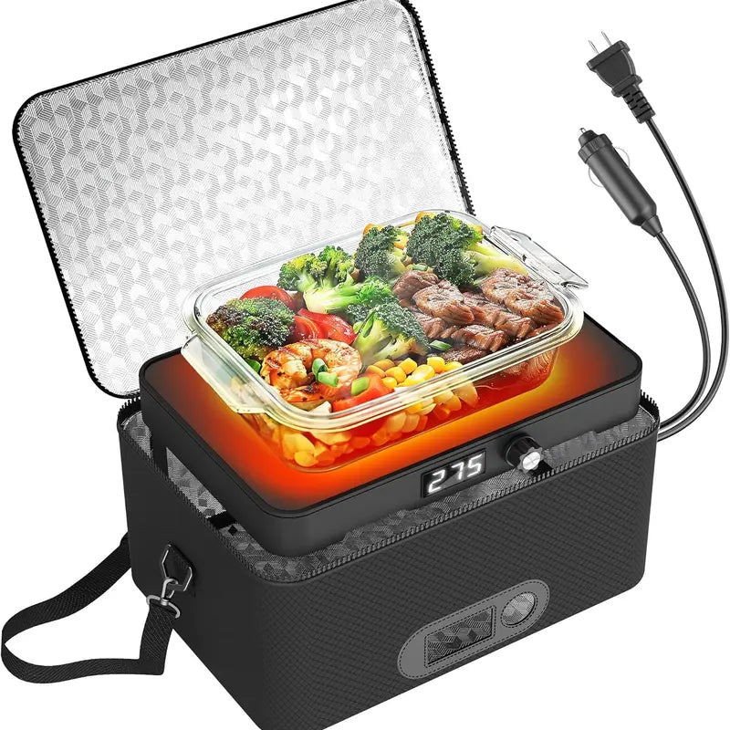 Rottogoon Multifunction Compact Portable Oven - 12V-24V Car/Truck Food Warmer, 110V-240V Electric Heated Lunch Box with Digital Display, Fits 10.11" L Box, Cooks Steak & Rice, 40-60 Min Reheat, 1-1.5 Hours Cook Time, Adult Travel Meal Solution (Road Trip)