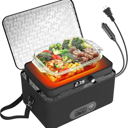 Rottogoon Multifunction Compact Portable Oven - 12V-24V Car/Truck Food Warmer, 110V-240V Electric Heated Lunch Box with Digital Display, Fits 10.11" L Box, Cooks Steak & Rice, 40-60 Min Reheat, 1-1.5 Hours Cook Time, Adult Travel Meal Solution (Road Trip)