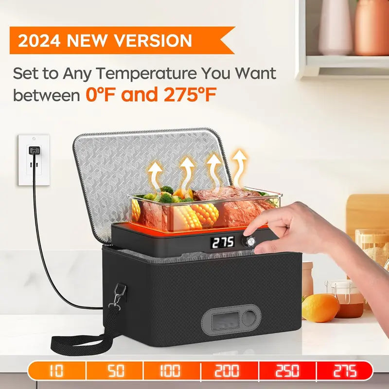 Rottogoon Multifunction Compact Portable Oven - 12V-24V Car/Truck Food Warmer, 110V-240V Electric Heated Lunch Box with Digital Display, Fits 10.11" L Box, Cooks Steak & Rice, 40-60 Min Reheat, 1-1.5 Hours Cook Time, Adult Travel Meal Solution (Road Trip)