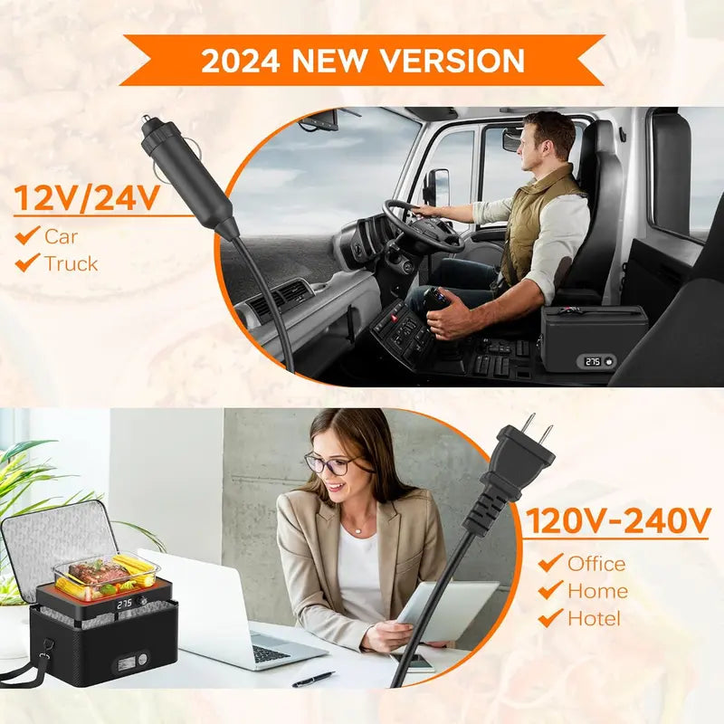 Rottogoon Multifunction Compact Portable Oven - 12V-24V Car/Truck Food Warmer, 110V-240V Electric Heated Lunch Box with Digital Display, Fits 10.11" L Box, Cooks Steak & Rice, 40-60 Min Reheat, 1-1.5 Hours Cook Time, Adult Travel Meal Solution (Road Trip)