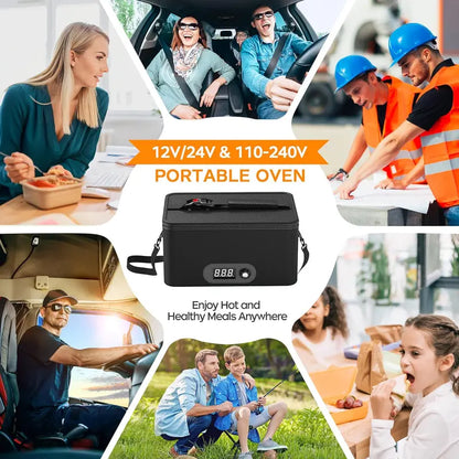 Rottogoon Multifunction Compact Portable Oven - 12V-24V Car/Truck Food Warmer, 110V-240V Electric Heated Lunch Box with Digital Display, Fits 10.11" L Box, Cooks Steak & Rice, 40-60 Min Reheat, 1-1.5 Hours Cook Time, Adult Travel Meal Solution (Road Trip)