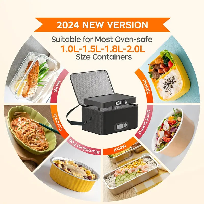 Rottogoon Multifunction Compact Portable Oven - 12V-24V Car/Truck Food Warmer, 110V-240V Electric Heated Lunch Box with Digital Display, Fits 10.11" L Box, Cooks Steak & Rice, 40-60 Min Reheat, 1-1.5 Hours Cook Time, Adult Travel Meal Solution (Road Trip)