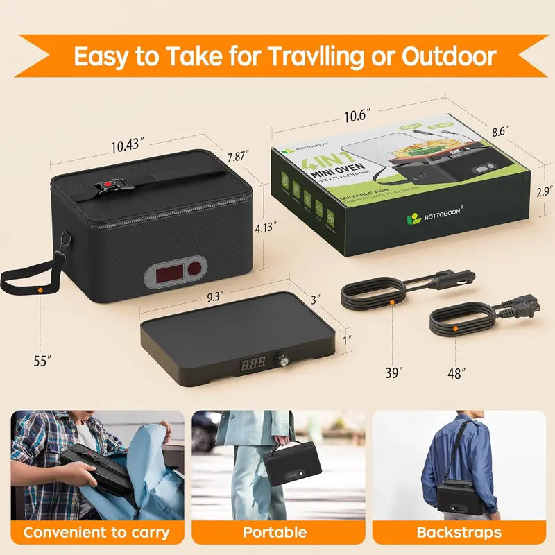 Rottogoon Multifunction Compact Portable Oven - 12V-24V Car/Truck Food Warmer, 110V-240V Electric Heated Lunch Box with Digital Display, Fits 10.11" L Box, Cooks Steak & Rice, 40-60 Min Reheat, 1-1.5 Hours Cook Time, Adult Travel Meal Solution (Road Trip)