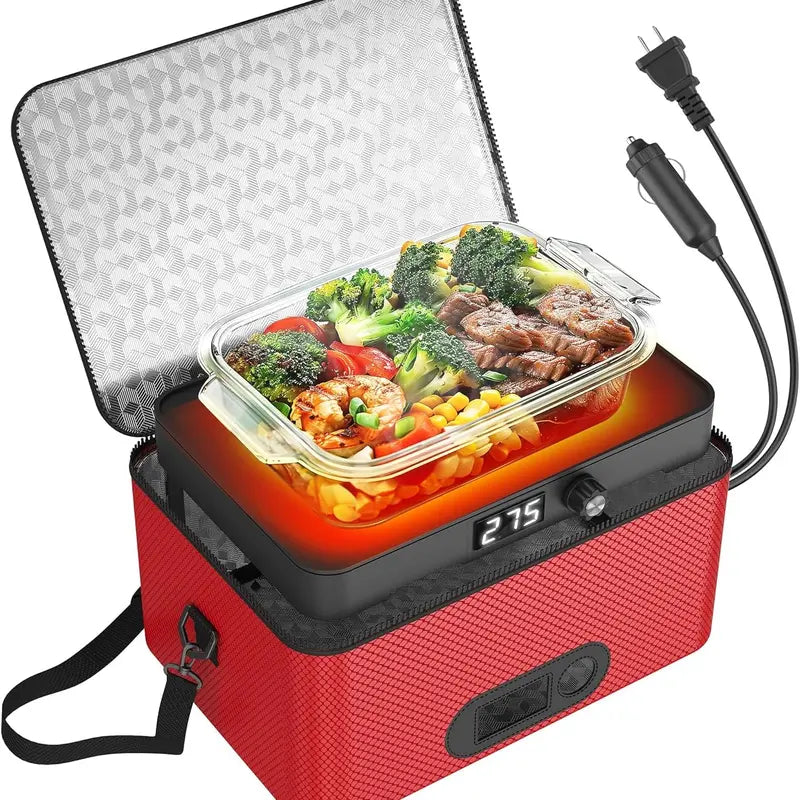 Rottogoon Multifunction Compact Portable Oven - 12V-24V Car/Truck Food Warmer, 110V-240V Electric Heated Lunch Box with Digital Display, Fits 10.11" L Box, Cooks Steak & Rice, 40-60 Min Reheat, 1-1.5 Hours Cook Time, Adult Travel Meal Solution (Road Trip)
