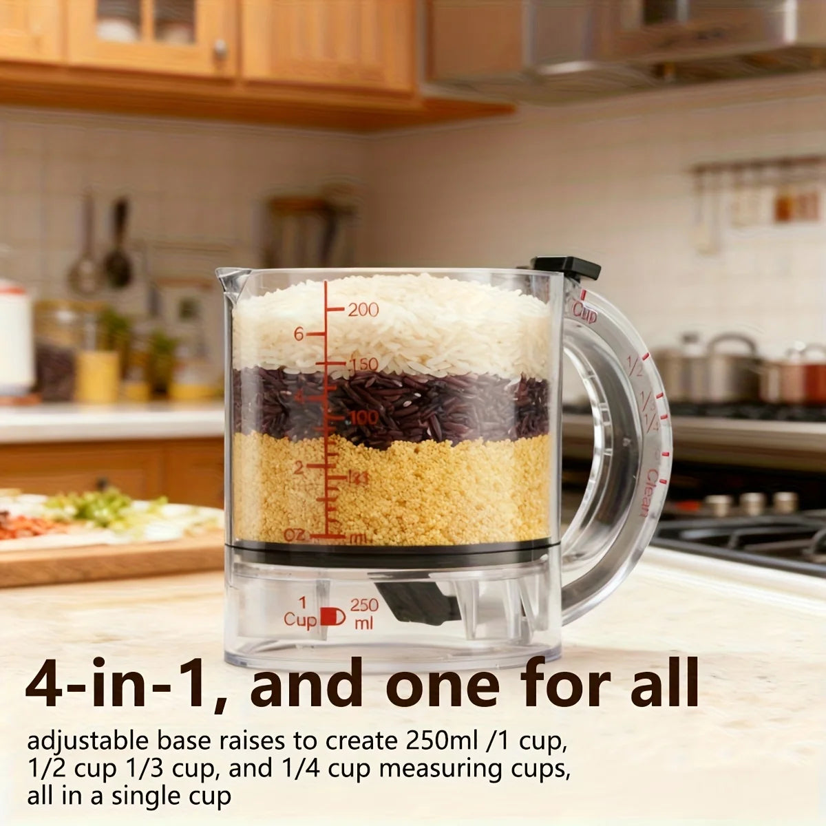 4-IN-1 Measuring Cup Adjustable Multifunctional Measuring Cup with Scraper-Style Seal Base Kitchen Cube Cups Tools for Cooking